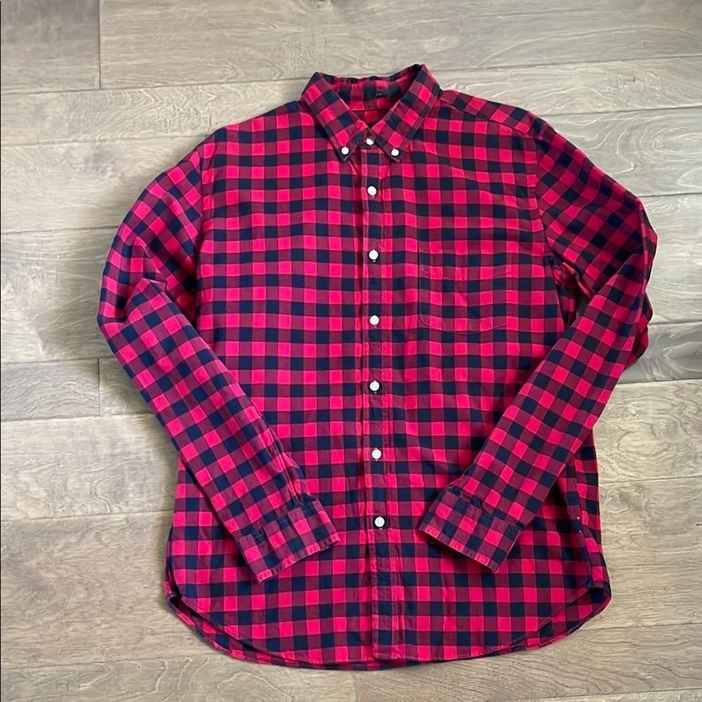 J Crew Oxford Slim Buffalo Plaid Button Down Red Black Plaid Men’s Large